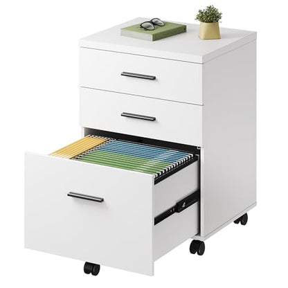 DEVAISE 3 Drawer File Cabinet for Home Office, Wood Under Desk Filing Cabinet, Rolling Printer Stand with Wheels, White - color: White, size: 15.7"D x 18.1"W x 25.6"H