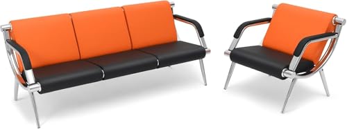 wonline 4 Seat Waiting Room Chair with Armrest PU Leather Office Furniture, Office Guest Seating Lobby Conference Reception Chairs for Airport Clinic Hospital Bank Salon Barber(Orange&Black) - color: Orange & Black, size: 4 Seat