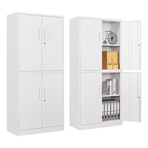 PEUKC Metal Storage Cabinet with Lock, 71" Tall Steel File Locker with 2 Adjustable Shelves and 4 Doors, Tall Cabinet for Office, Garage, Home, Pantry (White) - color: White, size: 71'' 4 Doors