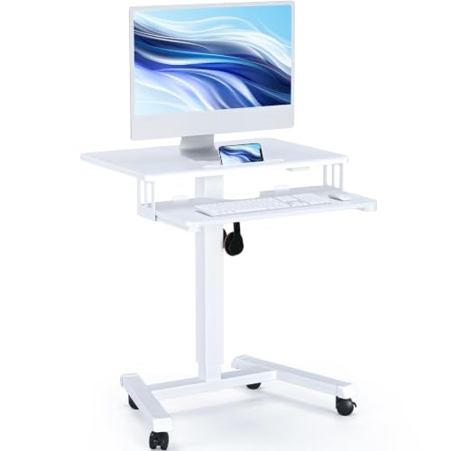 BONTEC Mobile Standing Desk with Keyboard Tray, Mobile Podium on Wheels | Rolling Laptop Sit Stand Desk, Adjustable Height Desk Up to 33lbs, Portable Computer Workstation Cart for Living Room, White - color: White