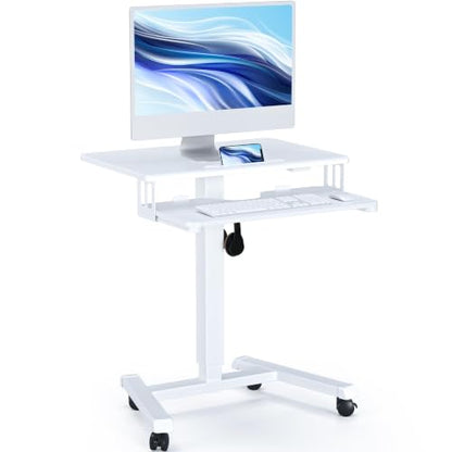 BONTEC Mobile Standing Desk with Keyboard Tray, Mobile Podium on Wheels | Rolling Laptop Sit Stand Desk, Adjustable Height Desk Up to 33lbs, Portable Computer Workstation Cart for Living Room, White - color: White