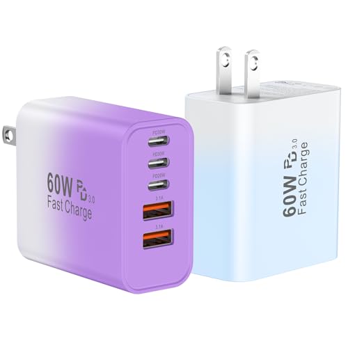USB C Fast Wall Charger Block, 2Pack 60W USBC Charging Cubes, 5-Port PD+QC Power Adapter Multiport Brick Type C Box Plug for Phone 17/16/15/14/13/12/11/Pro Max/Plus, Pad Mini/Pro/S25/S24 - color: Gradient Purple+Blue