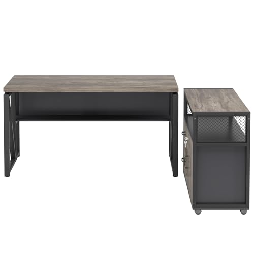 Tribesigns Office Desk with Drawers Sets, 55 inches L Shaped Computer Desk with Mobile File Cabinet,Big Executive Desk for Home Office Furniture Sets (Dark Oak, 55-inch) - color: Grey