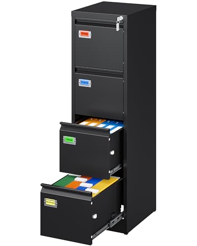 PEUKC 4 Drawer File Cabinet, Vertical Filing Cabinets with Lock, Metal File Cabinets for Home Office, Anti-Tip 4 Storage Drawers for Letter/Legal/A4/F4 Size (Assemble Required, Black) - color: Black, size: 52.4"H