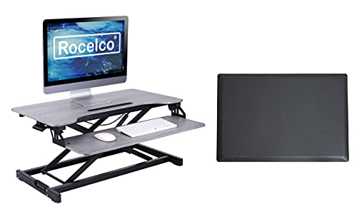 Rocelco Standing Desk Converter and Floor Mat - 31.5 Inch Sit Stand Up Dual Monitor Tabletop Riser with Tablet Mount, Height Adjustable Workstation - Deep Keyboard Tray - Gray (R VADRG-MAFM) - color: Grey, size: 31.5", style: Riser + Floor Mat