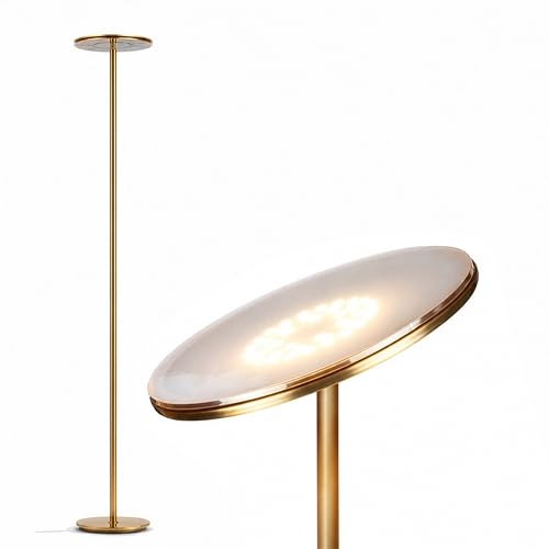 Brightech Sky LED Floor lamp, Torchiere Super Bright Floor Lamp for Living Room Decor & Office - Dimmable, Tall Standing Torch Lamp with Warm Light for Bedroom & Reading - Gold Brass - color: Antique Brass