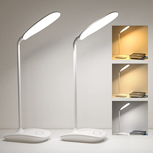 DEEPLITE Battery Operated Desk Lamp, LED Desk Light 3 Lighting Stepless Dimming, Table Lamp 5W Touch Control Eye Caring, Flexible Gooseneck, Portable Reading Light for Dorm Study Bedroom (Set of 2) - color: White, size: 2 Pack