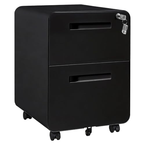 Garvee Mobile File Cabinet with Lock, 2 Drawer File Cabinet with Lock | 2 Drawer Under Desk Metal Rolling Filing Cabinets for Home Office Legal/Letter File Folders, Fully Assembled - color: Black Color