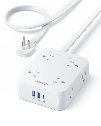 Anker Power Strip with 2000J Surge Protector, 5ft Outlet Extender, 20W, 8AC - color: Shell White, size: 5FT