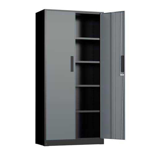Metal Storage Cabinet, 72" Locking Steel Cabinets with 2 Door and 4 Adjustable Shelves, Tall Metal Cabinet for Home Office, Garage, Warehouse,(Black+Grey) - color: Black Grey, size: 71" High