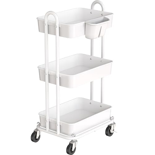 Simple Houseware 3-Tier Rolling Utility Cart with Hanging Bucket, White | Storage for Bathroom, Kitchen, Office, Study Room, Nursery Diaper - color: White, size: 3-Tier