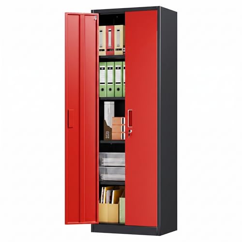 24" W Slim Metal Garage Storage Cabinet,Lockable Steel Storage Cabinet with 4 Adjustable Shelves,Assembly Required, Warehouse,Office,Home, Black&Red - color: Red / Black, size: 15.75" D × 23.62" W × 70.87" H.