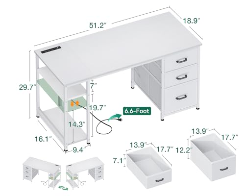 AODK 51 Inch White Computer Desk with Drawers & USB Power Outlets - color: White, size: 51 Inch