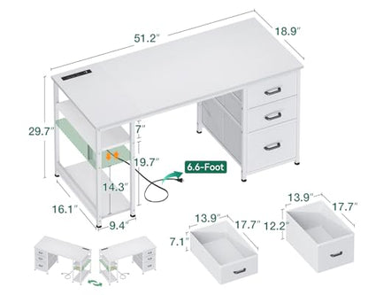 AODK 51 Inch White Computer Desk with Drawers & USB Power Outlets - color: White, size: 51 Inch