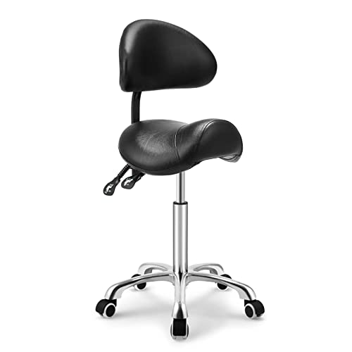 Kaleurrier Saddle Stool with Back Support,Rolling Saddle Chair for Salon - color: Black, style: With Back