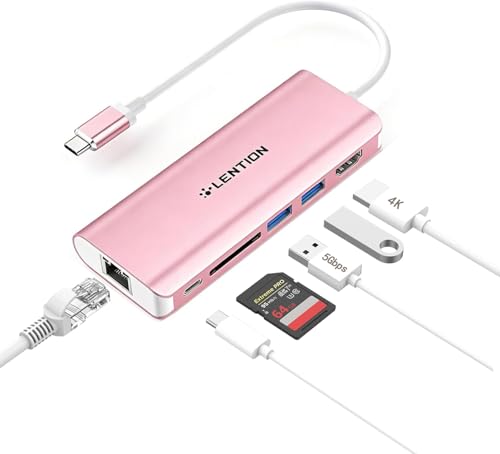 LENTION 6-in-1 USB-C Hub, 2 USB3.0, 4K@30Hz, Ethernet, Card Reader, 100W PD | Ideal for Work & Study, Stable Driver 3.0 Certified, Compatible with macOS, iOS/iPadOS, Windows & ChromeOS (C68, Rose Gold)