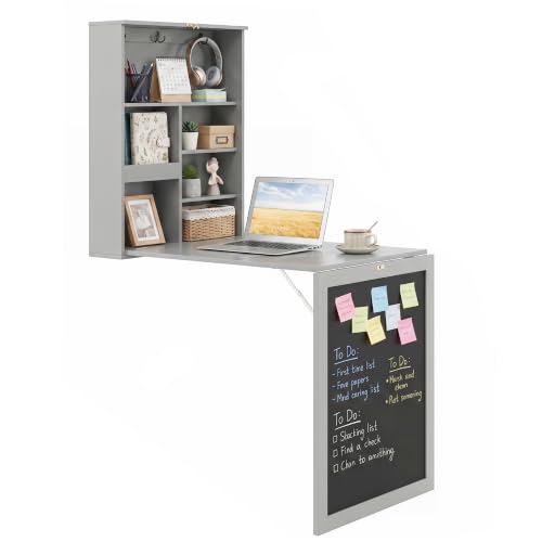 Tangkula Foldable Wall-Mounted Desk, Floating Desk with Chalkboard, Storage Shelves & Hooks, Space-Saving Murphy Table for Home Office, Bedroom, Dorm Room, Small Spaces - color: Grey