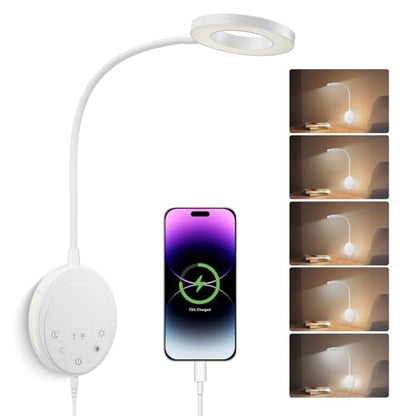 Wall Mounted Reading Light,Bedside Headboard Lights with 5 Color Temperature &5 Dimming,360°Flexible Gooseneck,USB Output, Night Light&Timer Function- Perfect for Reading (White) - color: White