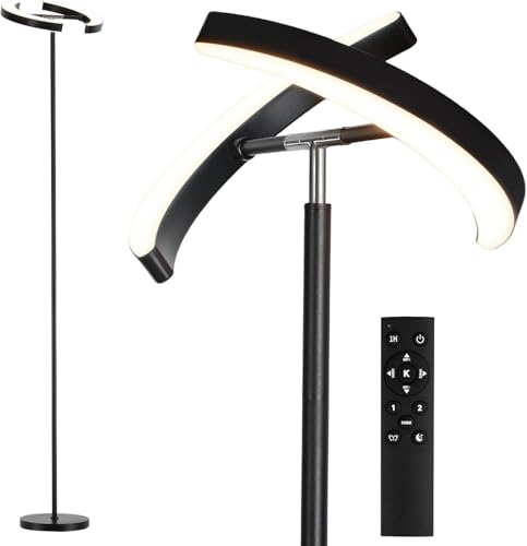 SUNMORY Floor Lamp for Living Room, 28W Bright LED Lamp with Remote Control | 1600lm Dimmable Rotatable Standing Lamp, 74" Tall Modern Reading Torchiere Uplighter Lamp for Bedroom Office Corner, Black - color: Black