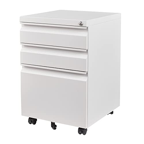 3 Drawer File Cabinet with Wheels, Metal Filing Cabinet with Lock, Office Rolling File Cabinets for A4/Legal/Letter Size, Assembly Required, White - color: White, size: 3 Drawer (Wheel)