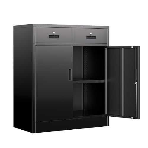 BESFUR Metal Garage Storage Cabinet with Two Lockable Drawers 2 Locking Doors and an Adjustable Shelf, 36" Black Metal Short Storage Cabinet for Home Office,Garage,School,Utility Room - color: Black, size: 36"H x 31.5"W x 16"D