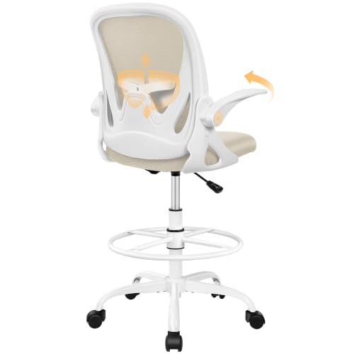 Drafting Chair Tall Office Chair with Flip-up Armrests Executive Ergonomic Computer Standing Desk Chair with Lumbar Support and Adjustable Footrest Ring (Beige) - color: Beige, size: 934-Z