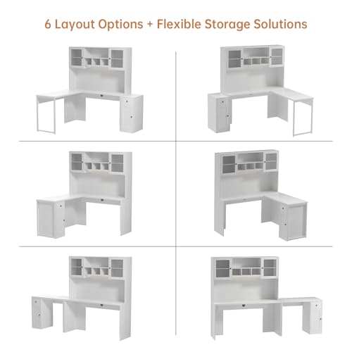TUSY Reversible L Shaped Desk with Hutch & Storage Cabinet, 71“ Corner Desk with LED, White Computer Desk with Drawers, DIY Home Office Desk for Small Space, Craft Desk with Storage
