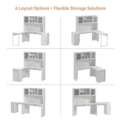 TUSY Reversible L Shaped Desk with Hutch & Storage Cabinet, 71“ Corner Desk with LED, White Computer Desk with Drawers, DIY Home Office Desk for Small Space, Craft Desk with Storage