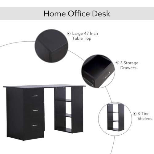 HOMCOM Computer Desk with Drawers, 47" Home Office Desk with Storage, Black - color: Black
