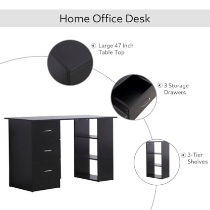 HOMCOM Computer Desk with Drawers, 47" Home Office Desk with Storage, Black - color: Black