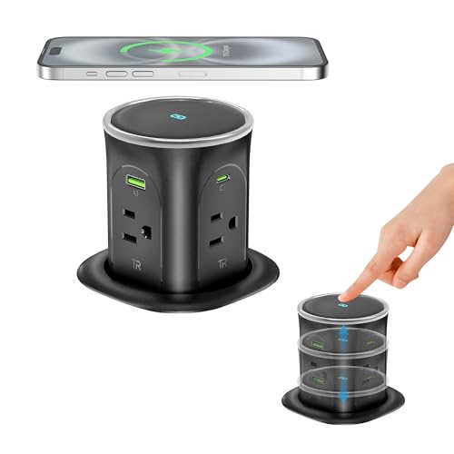 Motorized Pop Up Countertop Outlet with 45W USB C Charging Station | 4AC Outlets & 4 USB & 15W Wireless Charger, 3.15in Hole PopUp Power Electrical Outlets for Kitchen Desktop Counter - color: Black