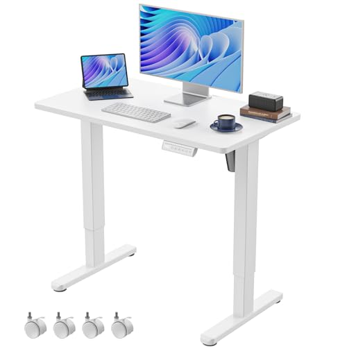 HUANUO Electric Small Standing Desk, Whole Piece Desktop, Adjustable Height Computer Desk, 4 Height Memory Settings, Sit Stand Up Desk for Home Office, 35" x 20", White - size: 35" X 20"