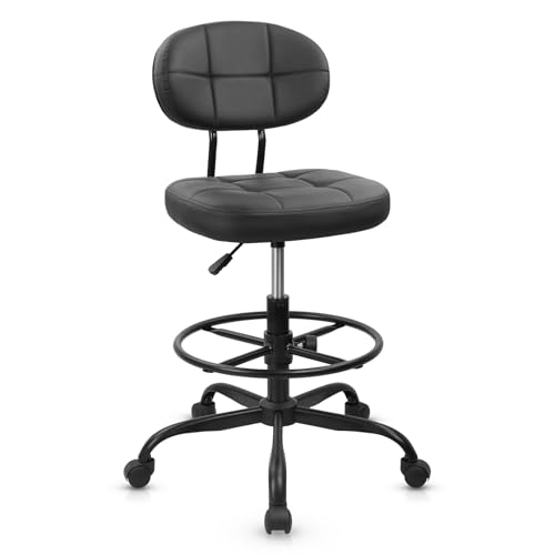 Drafting Stool with Backrest, Tall Adjustable Height Office Chair, PU Leather Swivel Rolling Stool with Footrest & Wheels for Standing Desk, Bar, Salon, Spa, Lab, Counter, Home, Black，1PK - color: Black With Backrest, size: 1PK