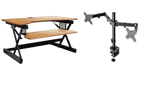 Rocelco 40" Large Height Adjustable Standing Desk Converter with Dual Monitor Mount BUNDLE - Sit Stand Up Computer Workstation Riser - Retractable Keyboard Tray - Teak Wood Grain (R DADRT-40-DM2) - color: Teak/Black, size: 40", style: Riser+Dual Mount