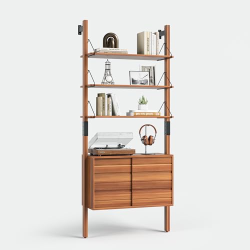JOINICE 6 Tier Ladder Bookshelf with Storage Cabinet for Living Room,Cherry