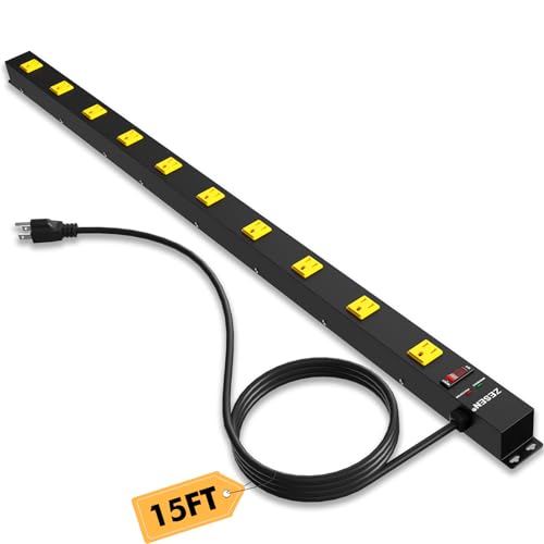 10 Outlet Long Power Strip Wide Spaced Metal Power Strip with 15FT Cord | Heavy Duty Industrial Power Strip for Work Bench Garage Shop, Overload 2100J Protection Switch, ETL Listed (15A/1875W) Black - size: 15FT
