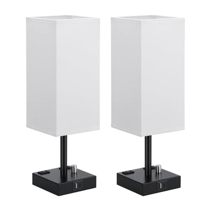 White Bedside Table Lamps Set of 2 - Dimmable, USB C+A, 2 AC Outlets | Stepless Dimmable by Rotary Knob, 3000K LED Bulbs Included, Square White Linen Shade, Nightstand Lamp for Living Room, Desk - color: White