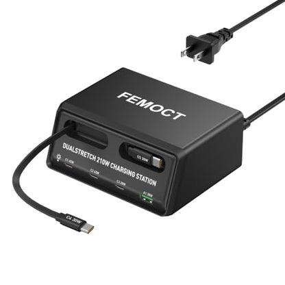 Retractable Charger, 6-in-1 210W GaN USB C Charging Station for Multiple Devices, Dual 2.3ft Built-in Retractable Cables, PD 45W Fast Usbc Desktop Charger for iPhone 17/16/15, Galaxy S26, and More