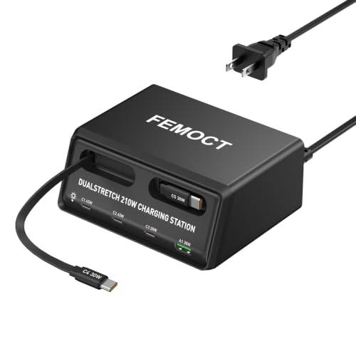 Retractable Charger, 6-in-1 210W GaN USB C Charging Station for Multiple Devices, Dual 2.3ft Built-in Retractable Cables, PD 45W Fast Usbc Desktop Charger for iPhone 17/16/15, Galaxy S26, and More