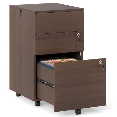 Giantex 3-Drawer File Cabinet with Lock, 27-Inches Storage Cabinet with 2 Side Hooks, Mobile Printer Stand, Wheels, 4 Keys, Vertical Filing Organizer fits Letter/A4 Size for Home Office (Brown) - color: Brown