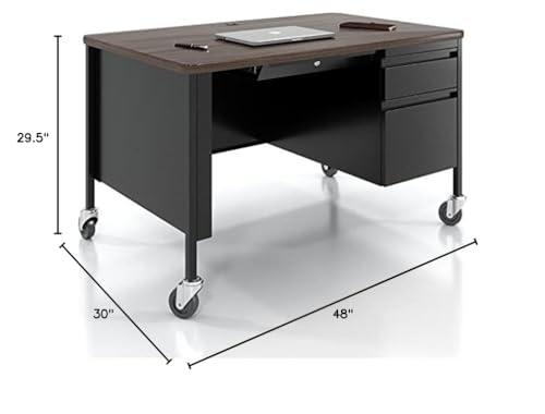 Hirsh 30x48 Mobile Right Hand Single Pedestal Metal Desk T-Mold Top Black/Walnut