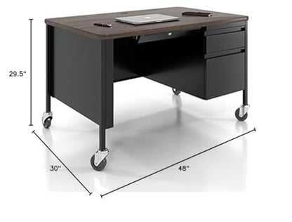 Hirsh 30x48 Mobile Right Hand Single Pedestal Metal Desk T-Mold Top Black/Walnut