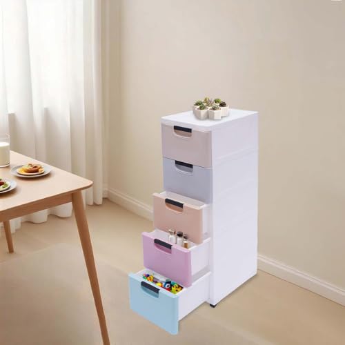 5-Tier Plastic Drawers Storage Dresser, Rolling Narrow Slim Dresser with Wheels, Stackable Vertical Storage Tower Storage Organizer for Small Space Home Furniture Office (Colorful)