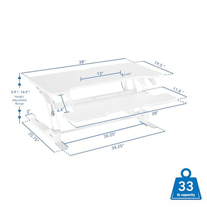 Mount-It! Standing Desk Converter White 38” Wide Height Adjustable Stand Up Desk Riser, Desk Topper with Gas Spring, Desktop Standing Desk with Keyboard Tray Fits Two Monitors - color: White, size: 38 Inches