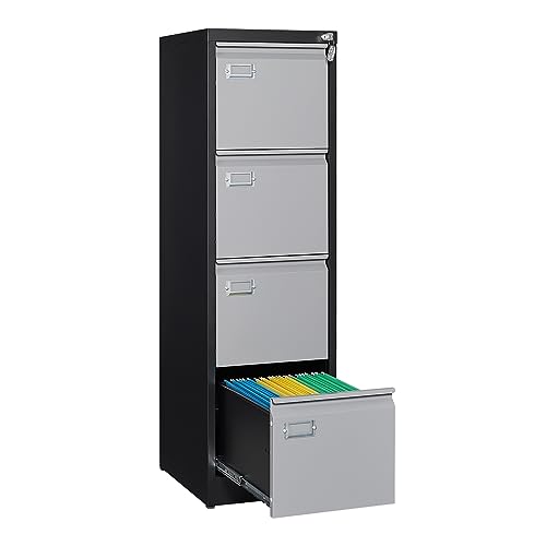 4 Drawer File Cabinet, Filing Cabinets for Home Office, Metal Vertical File Storage Cabinet with Lock, Locking File Cabinet for A4 Legal/Letter, 15" W x 17.7" D x 50.1" H, Assembly Required - color: Black Grey, size: 4 Drawer (Stationary)
