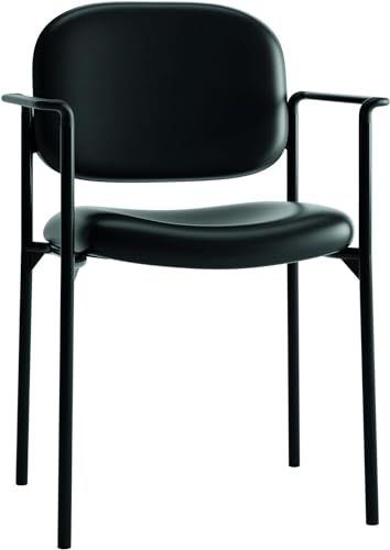 HON Scatter Guest Chair with Arms, Leather Office Chairs, Black | Stackable desk chair no wheels for waiting rooms chairs, conference room chair, banquette seating, and office furniture - color: Black - Leather Back - With Arms
