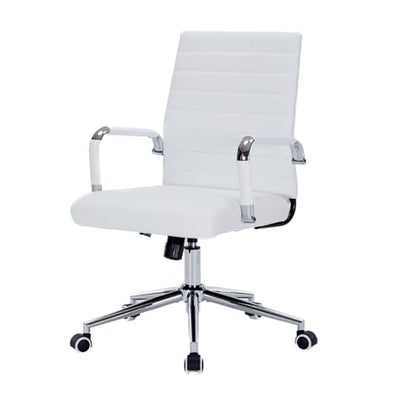 White Leather Ribbed Office Mid-Back Desk Conference Chair with Wheels | Ergonomic Mid-Back Executive Chairs with Wheels Adjustable Swivel Computer Task Desk Chair with Arms and Thick Padded Seat - color: White, size: Mid Back