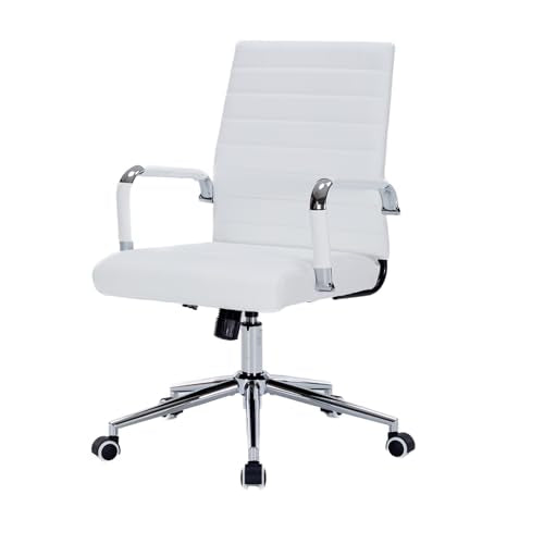 White Leather Ribbed Office Mid-Back Desk Conference Chair with Wheels | Ergonomic Mid-Back Executive Chairs with Wheels Adjustable Swivel Computer Task Desk Chair with Arms and Thick Padded Seat - color: White, size: Mid Back