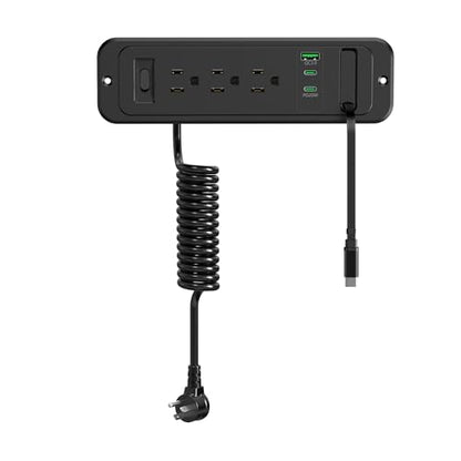 Recessed Power Strip with 60cm Retractable USB C Cable, Flush Mount | Furniture Drawer Outlet kit insert in (4) 20W USB & (3) 15 Amp AC Outlets, Hidden Charging Station for Desktop - color: Black