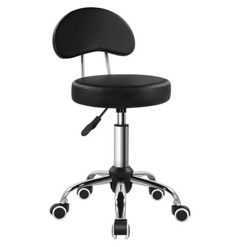 KKTONER Rolling Stool with Mid Back Height Adjustable Chair PU Leather Swivel Chair with Wheels for Office Home Task Drafting (Black) - color: Black